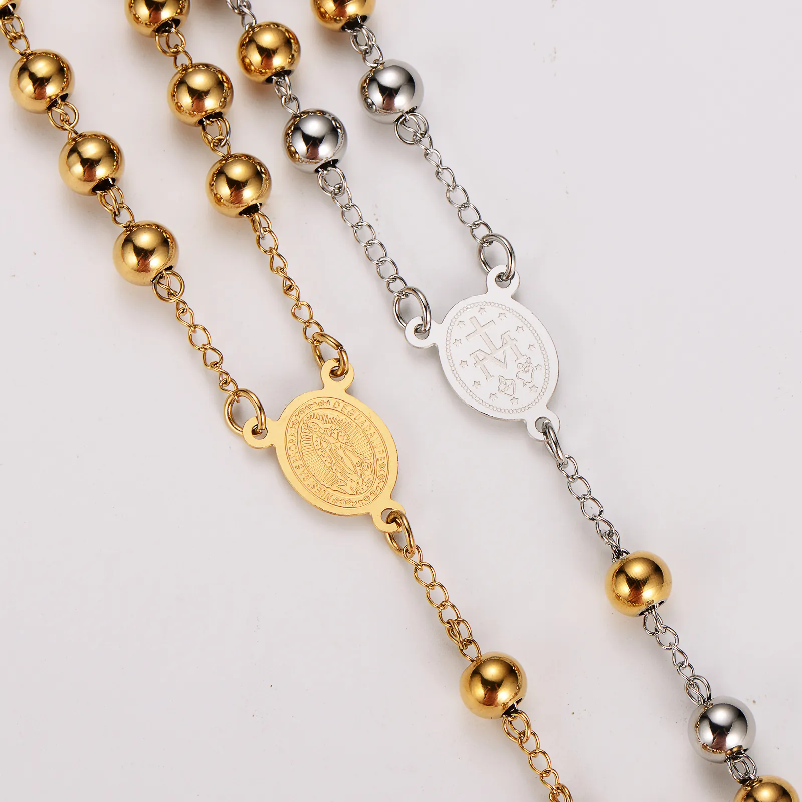 Stainless Steel Rosary Beads Necklace Cross Pendant Religious Virgin Mary Medal Fashion Long Chain Jewelry