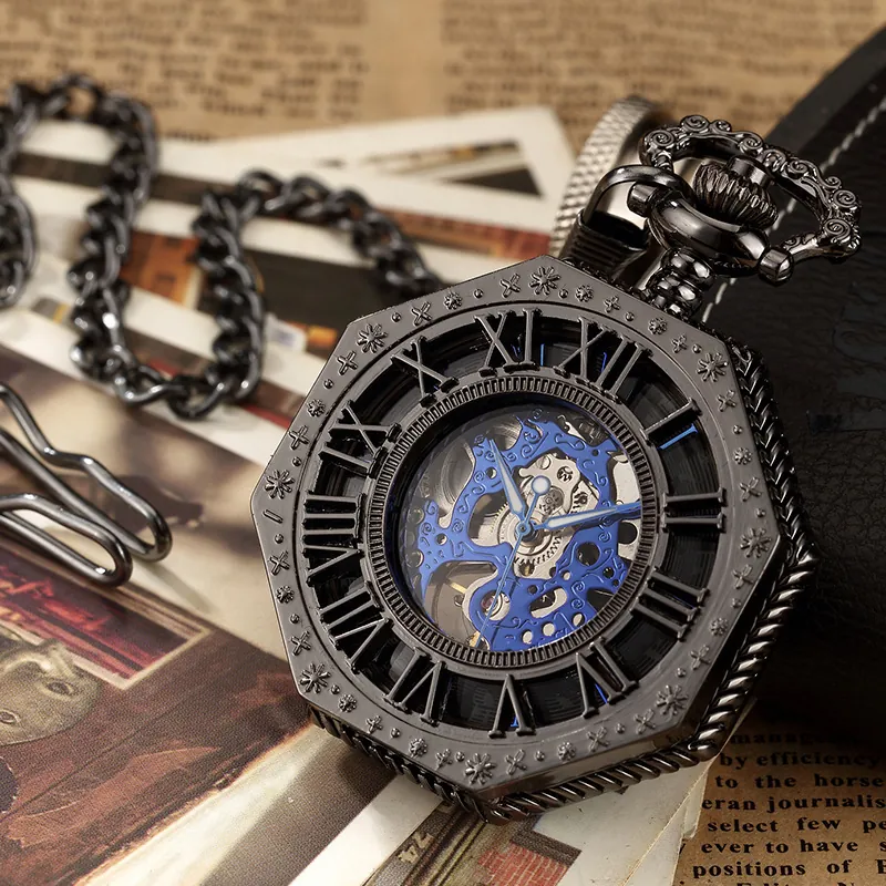 Vintage Mechanical Pocket Watch Octagonal Skeleton Dial Roman Numerals Alloy Case With Chain Retro Antique Style Men Women