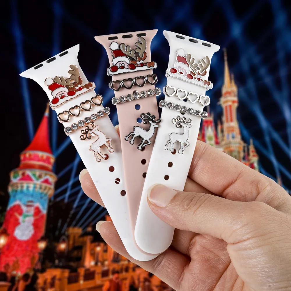 Smartwatch Strap Decorative Charms Alloy Rhinestone Enamel Christmas Theme Reindeer Santa Loop Nails For Women Watch Accessories