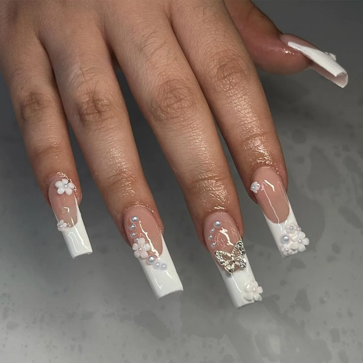 Extra Long Square Press On Nails Pink French Tip False Nails Decorated With 3D White Flowers And Silver Butterfly Artificial Pearls