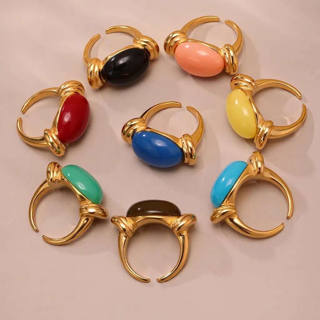 Dopamine Colorful Resin Stainless Steel Open Ring For Women Vintage Geometric Oval Resin Adjustable Ring Gold Silver Plated Fashion Finger Jewelry