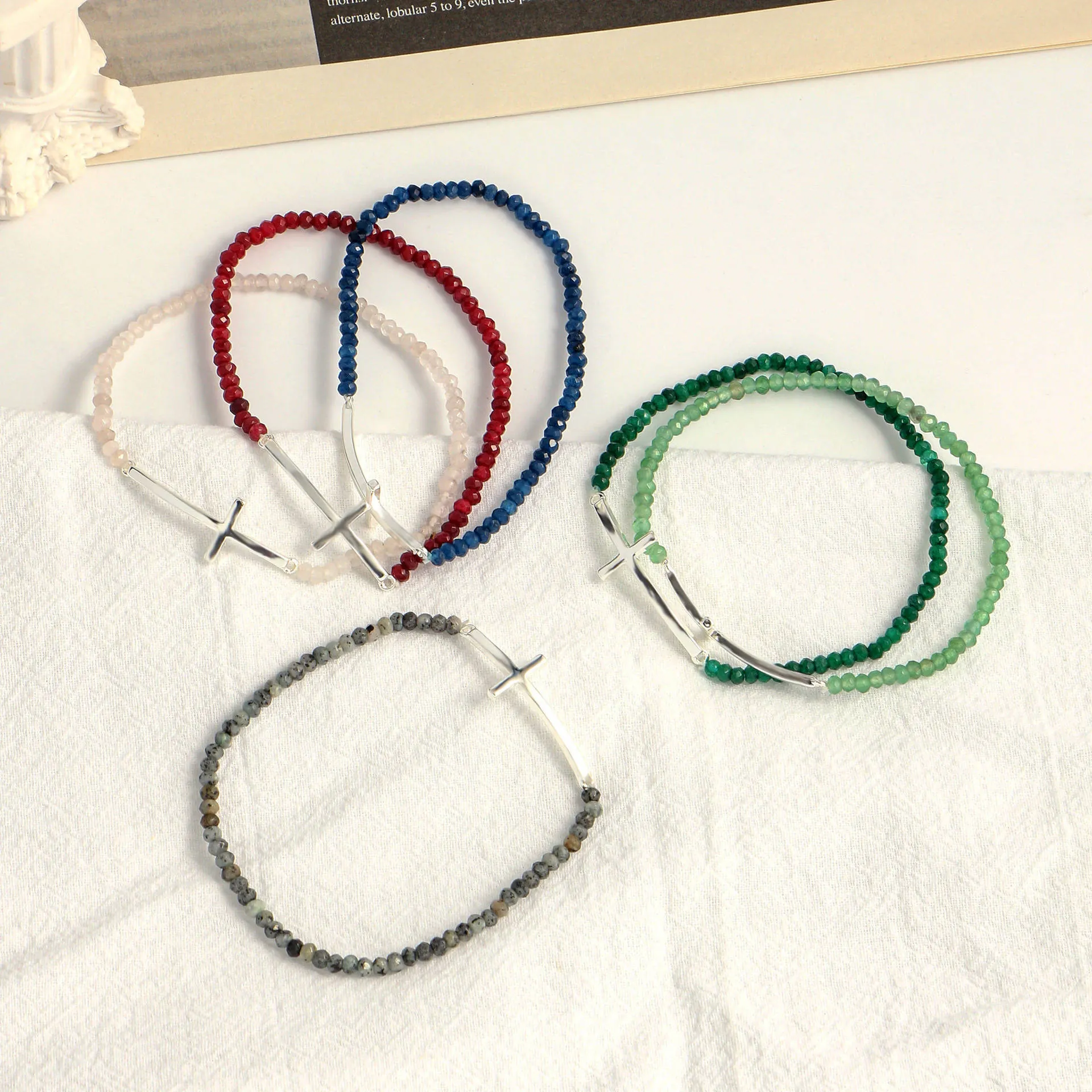 Faceted Beaded Bracelet Natural Stone Artificial Crystal Copper Silver Plated Curved Cross Religious Prayer For Women