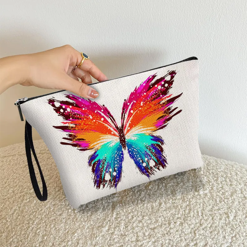 Butterfly Print Makeup Bag Fine Linen Portable Cosmetic Pouch With Zipper And Wrist Strap For Women Travel Storage