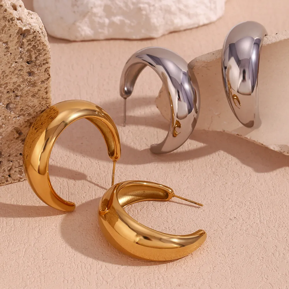 Chunky C-Shaped Hoop Earrings For Women Stainless Steel High Polished Thick Geometric Minimalist Fashion Jewelry