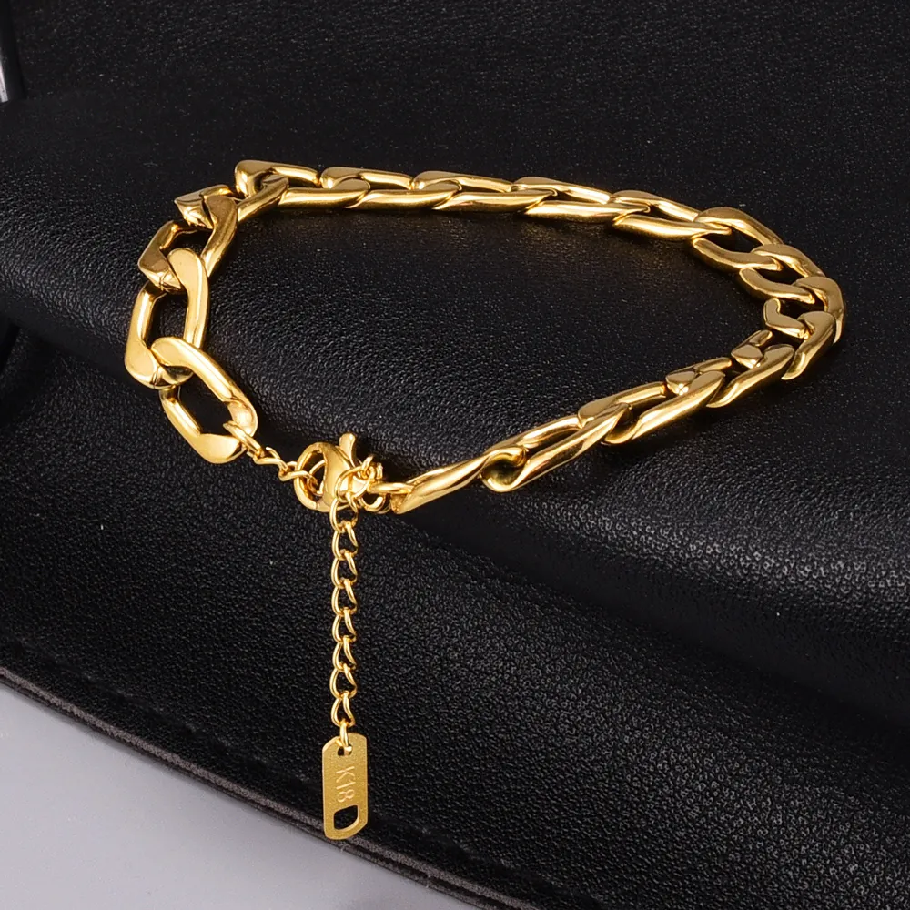 Bracelet Chaîne Figaro Plaqué Or 18K Acier Inoxydable 316L Bijoux Style Minimaliste Pour Femmes Élégant