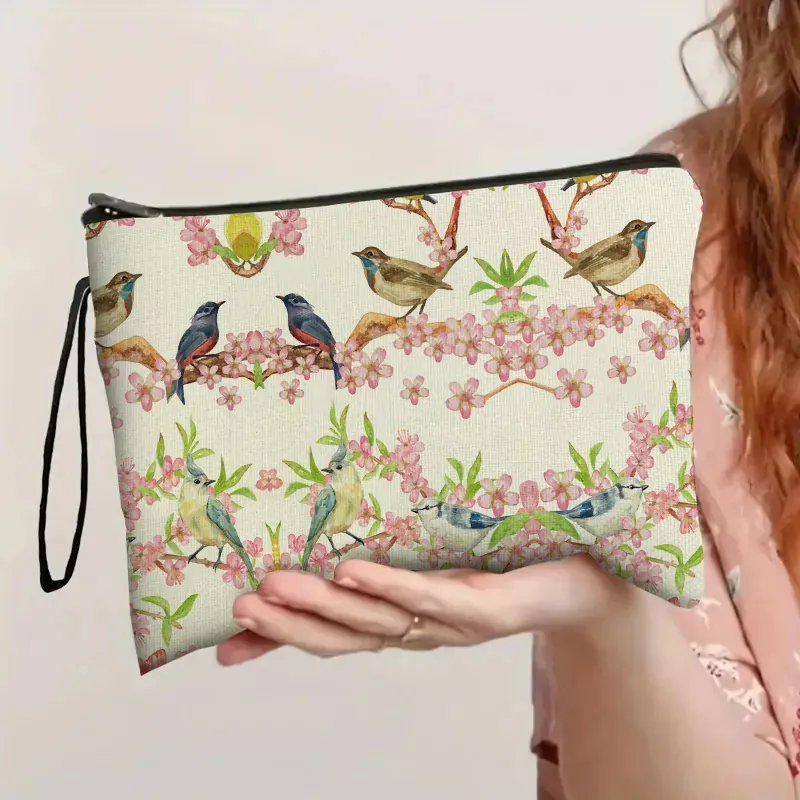 Floral Bird Print Makeup Bag Linen Texture Cosmetic Pouch With Zipper And Wristlet Strap Travel Toiletry Organizer