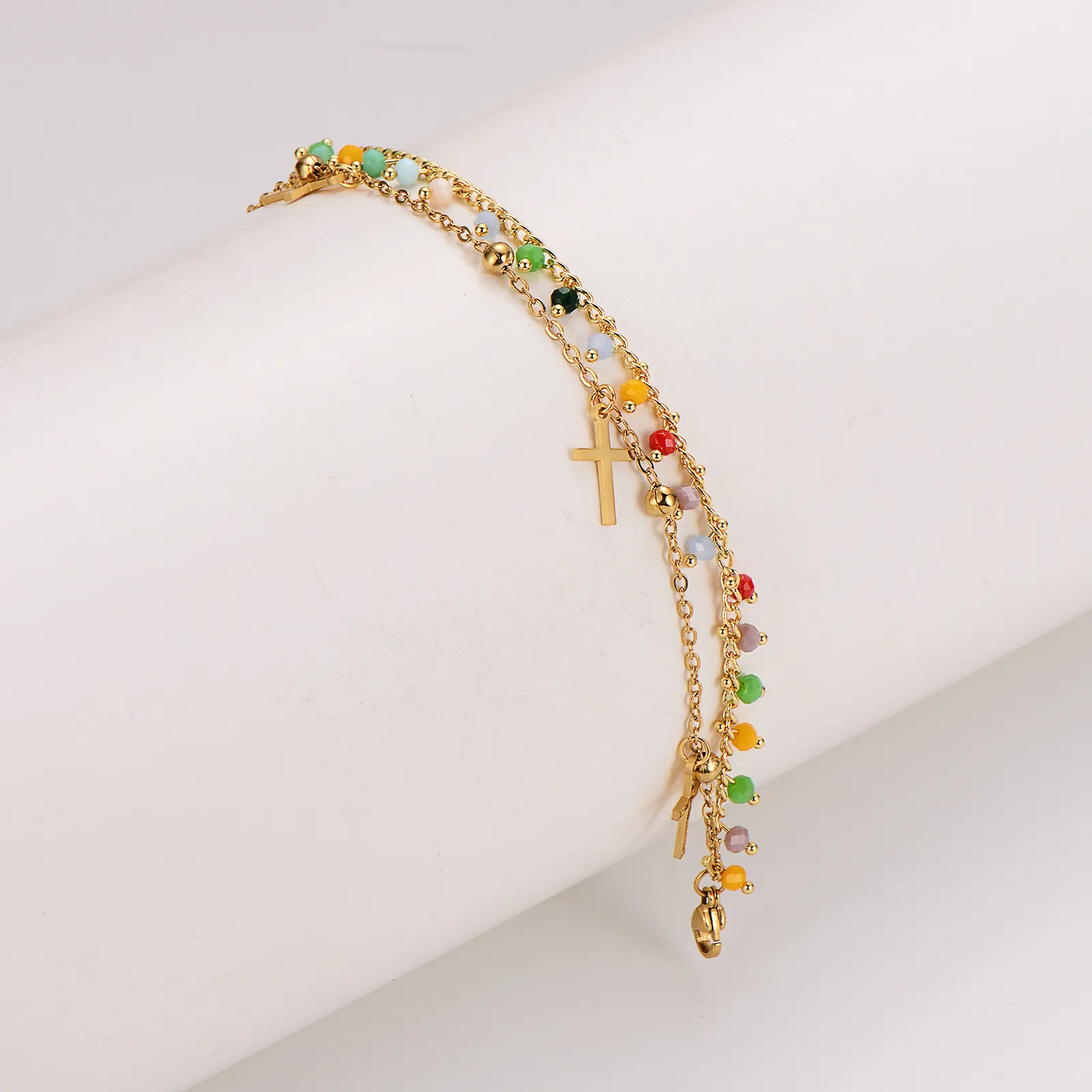 Bracelet Double Couche En Acier Inoxydable 304 Perles Colorées Pendentifs Croix Bijoux Bohème Pour Femmes