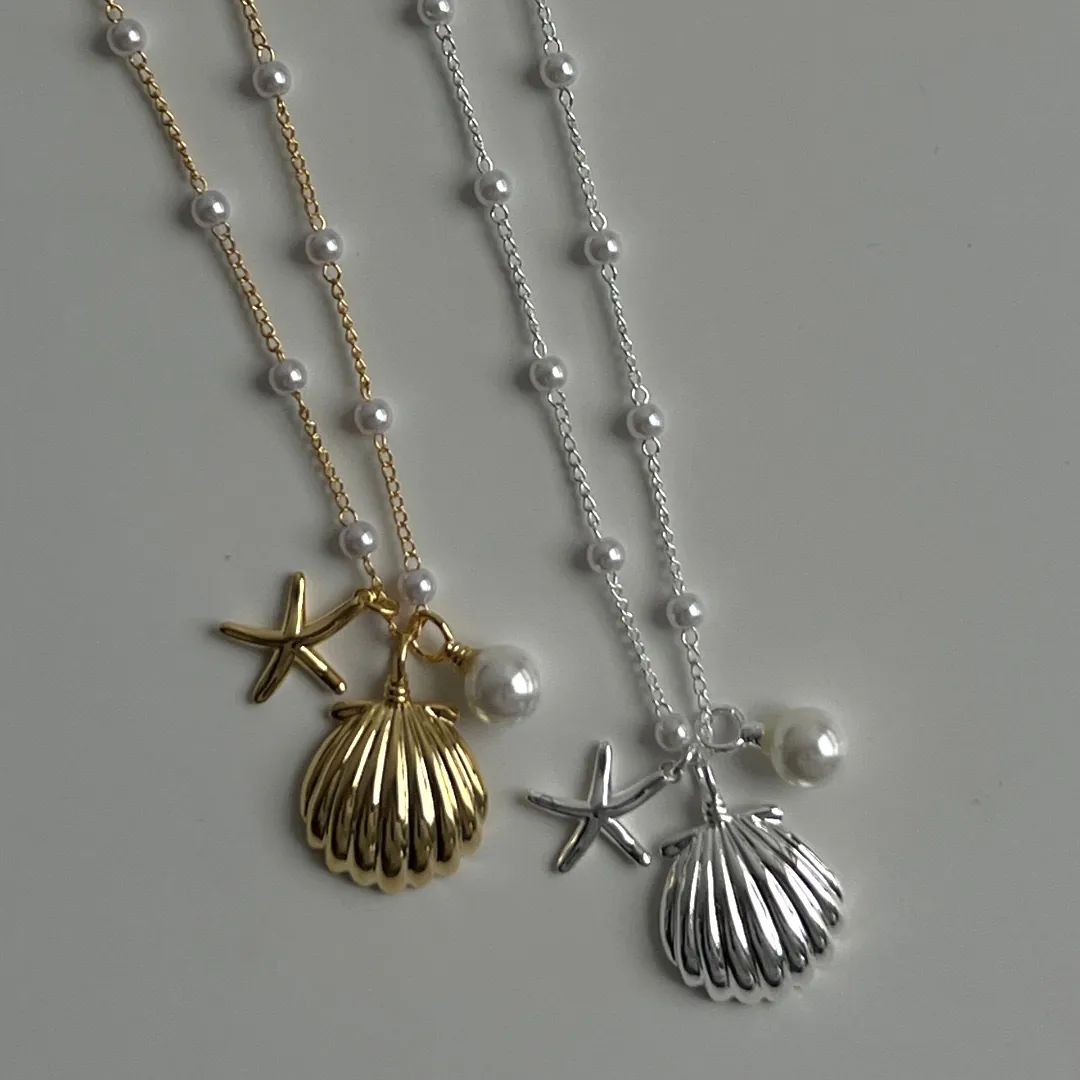 Collana Con Pendente A Conchiglia Stella Marina Perla Artificial In Rame Placcato Oro Stile Oceano Francese Retrò Gioielli Mare