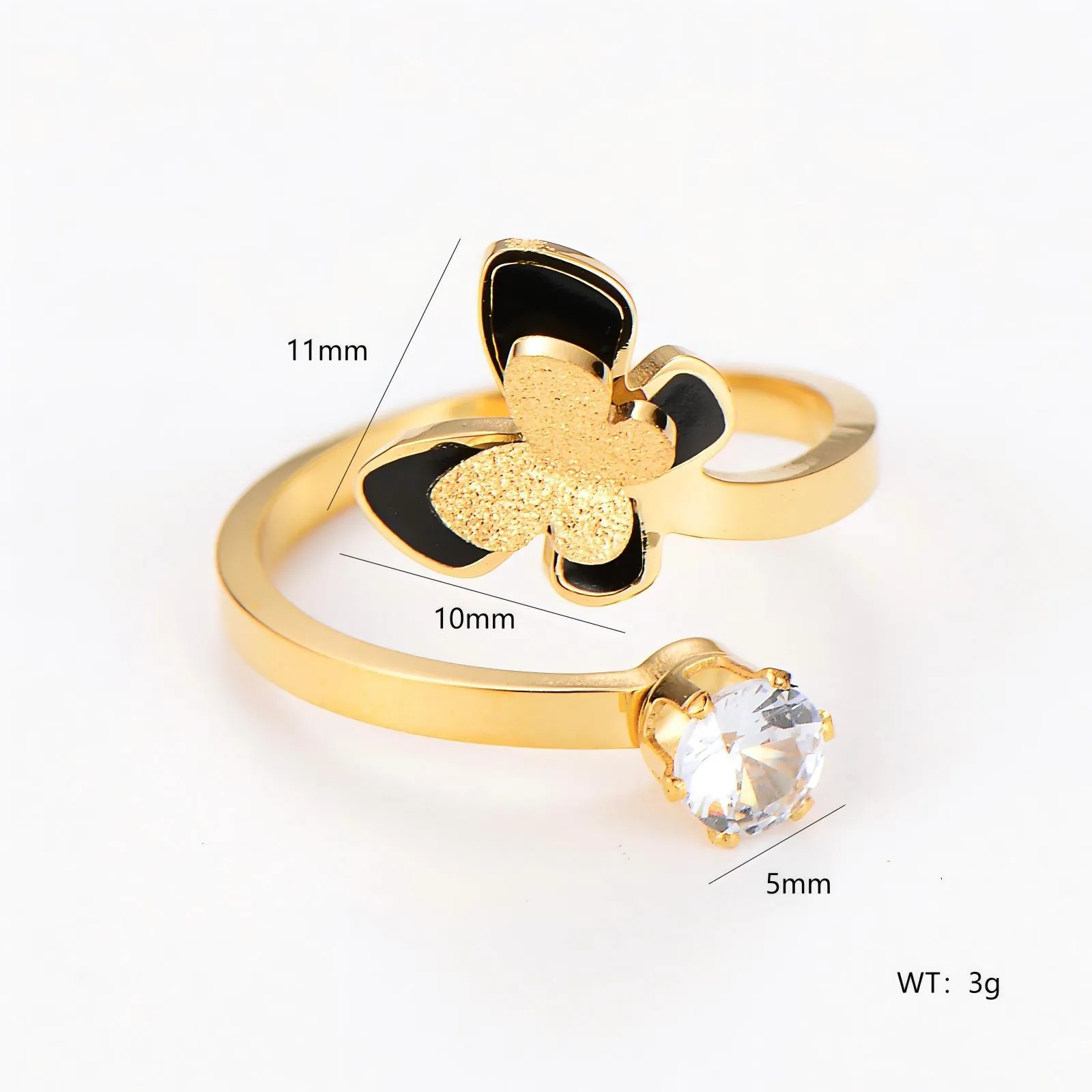 Butterfly Open Ring 304 Stainless Steel Zircon Inlaid Black Enamel Adjustable Fashion Jewelry Romantic For Women