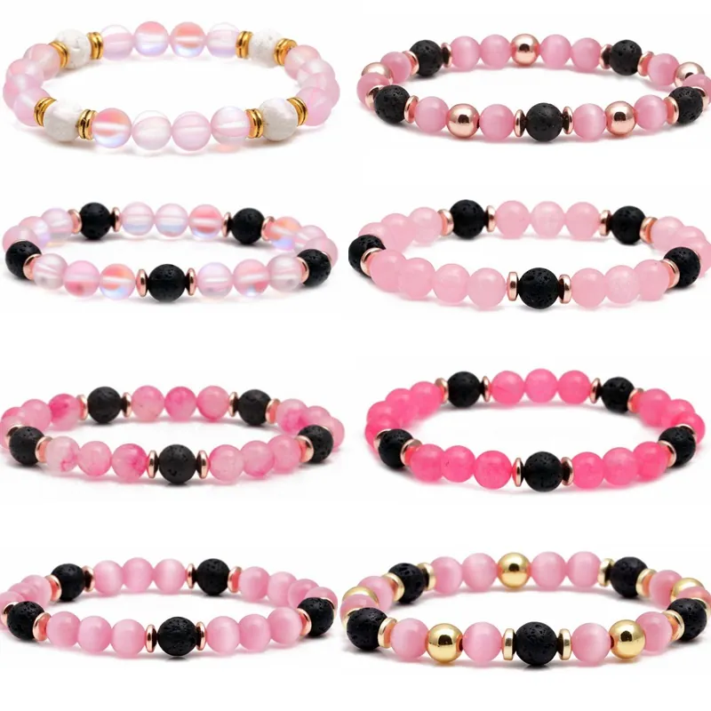 Bracciale Di Perline Occhio Di Gatto Rosa Pietra Di Luna Lava Distanziatori Rame Elastico Gioielli Uomini Donne Minimalista