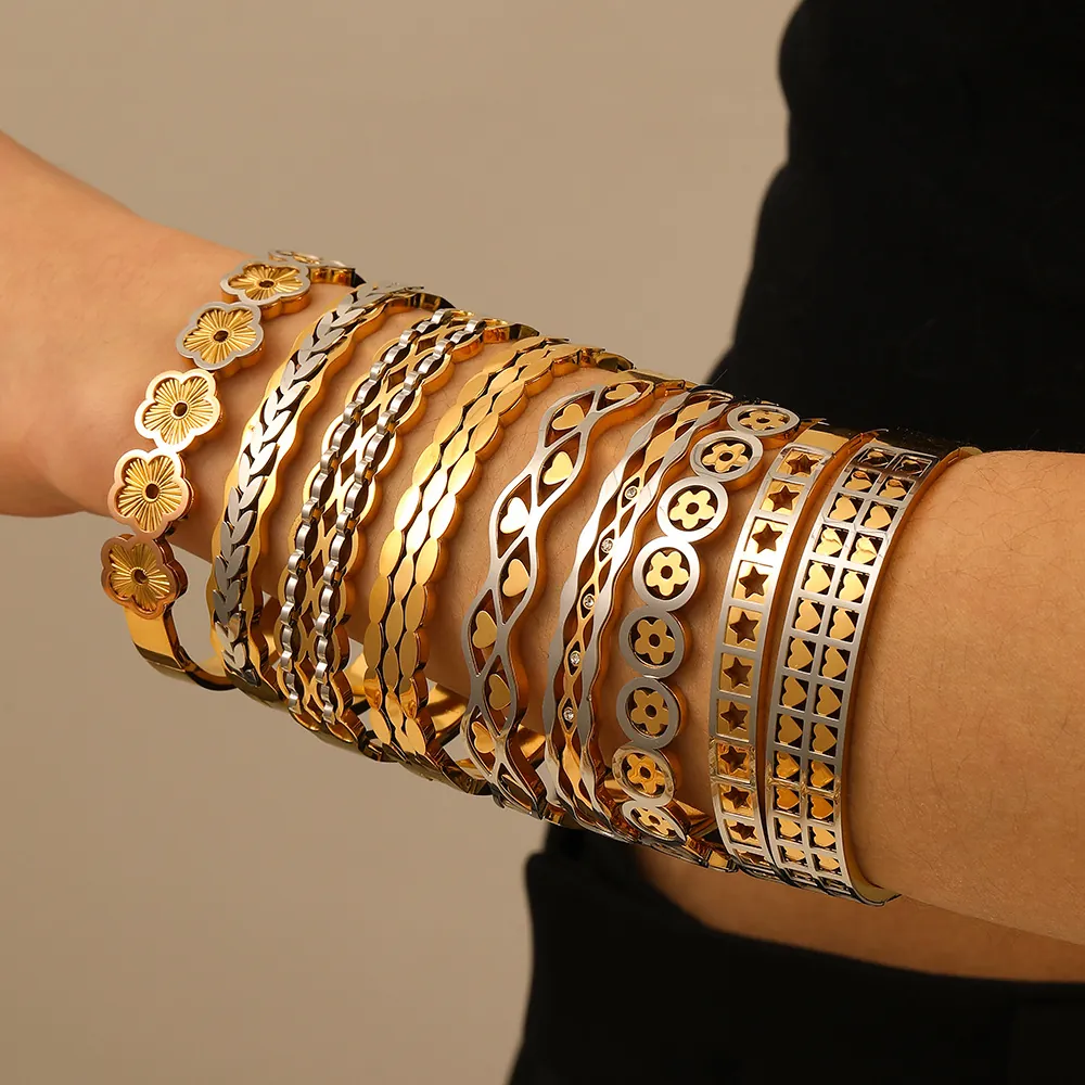 Hohl Armreif Aus Edelstahl Zweifarbig Gold Silber 18K Vergoldet Blume Herz Stern Geometrisches Design Für Damen