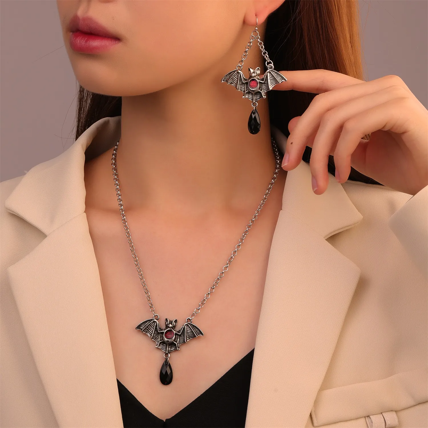 Gothic Bat Cross Necklace And Earrings Retro Silver Alloy With Red Rhinestones Halloween Women Jewelry Accessory