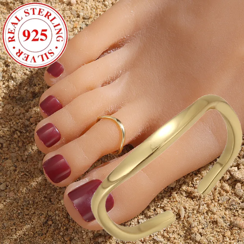Minimalist 925 Sterling Silver Toe Ring For Women Gold Plated Adjustable Open Geometric Wave Design Beach Foot Jewelry Finger Ring