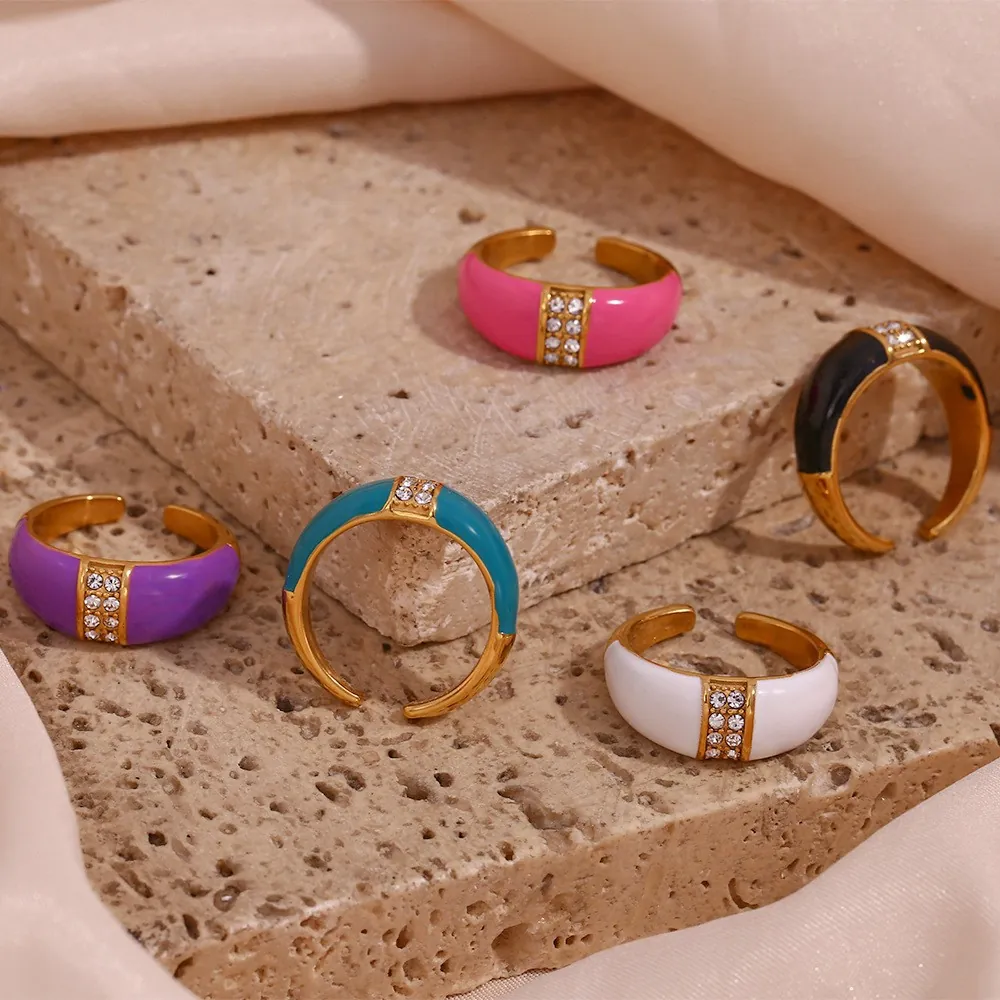 Enamel Stainless Steel Ring 18K Gold Plated Open Adjustable Wide Band Geometric Zircon Rhinestone Fashion Jewelry Women