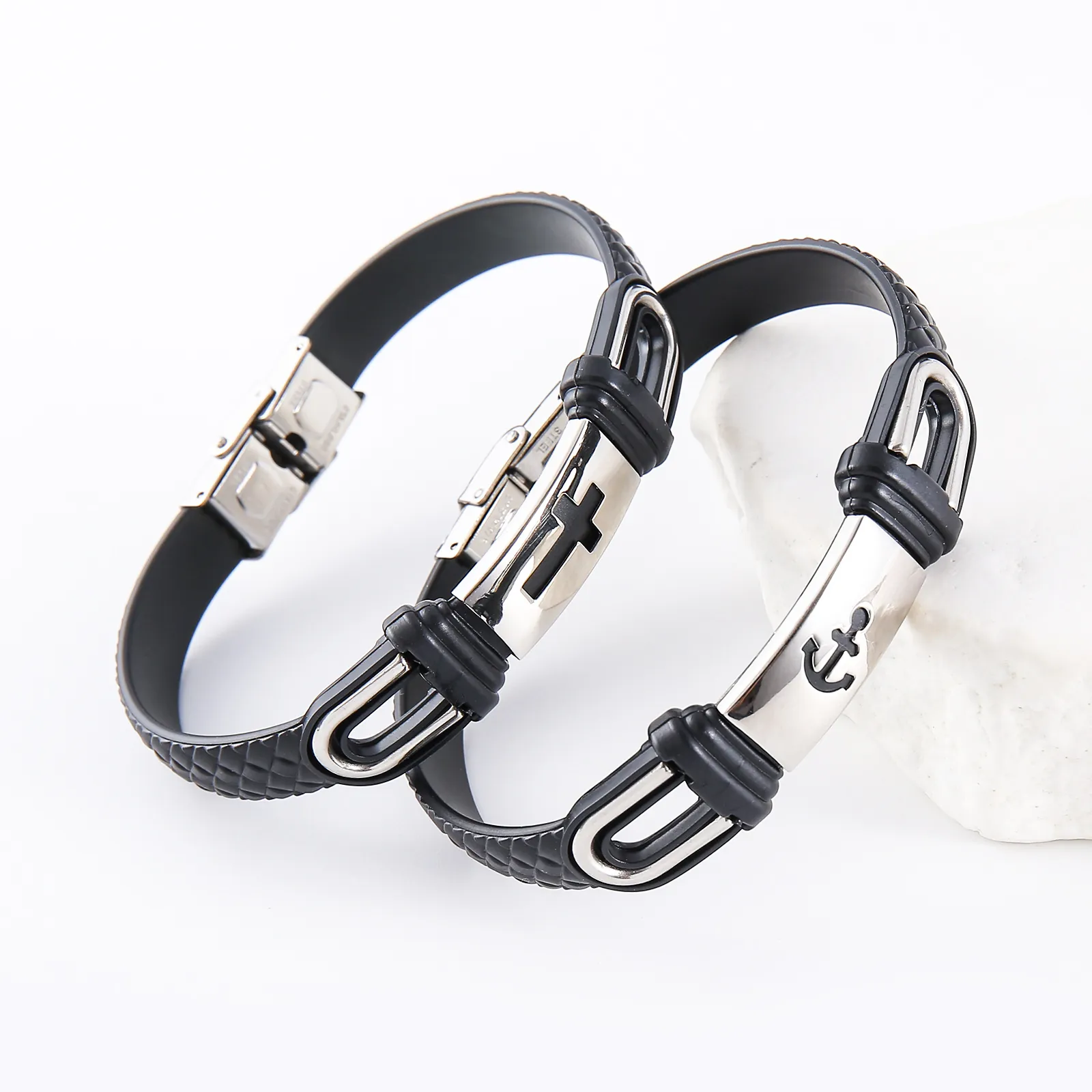 Bracelet Croix Ancre Acier Inoxydable 304 Silicone Jonc Texturé Bijoux De Mode Religieux Nautique Pour Hommes Femmes