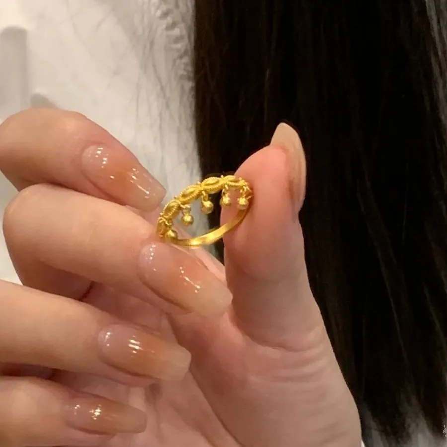 Korean Style Gold Plated Copper Tassel Ring For Women With Round Beads Elegant Adjustable Open Index Finger Ring Fashion Jewelry