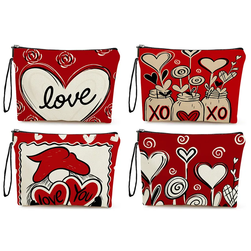 Heart Print Cosmetic Bag Linen Zipper Makeup Pouch With Wristlet For Travel Daily Storage Love Gnome Theme