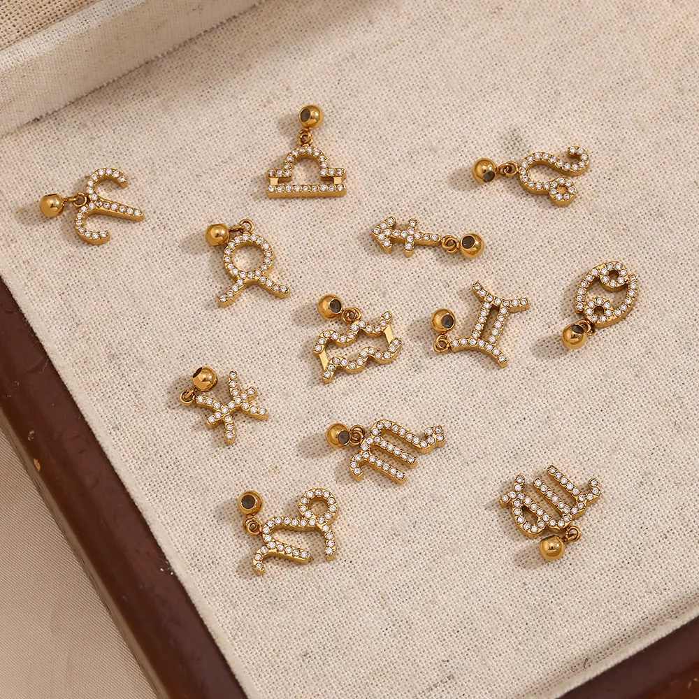 Zodiac Sign Charms Pendants Stainless Steel 18K Gold Plated Cubic Zirconia Constellation Symbols DIY Jewelry Making Accessories
