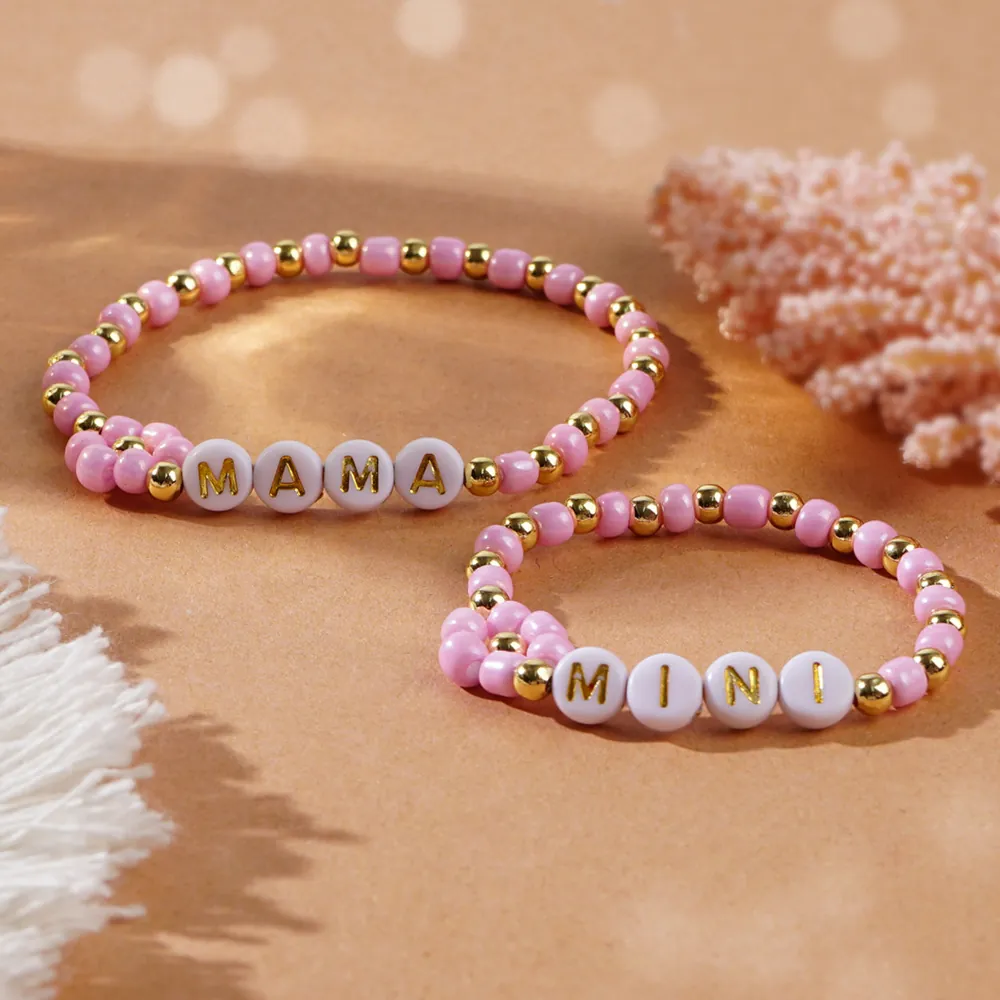 MAMA MINI Letter Beaded Bracelets For Women Mothers Day Gift Artificial Pearl Metal Bead Jewelry Bohemian Style Elastic Adjustable