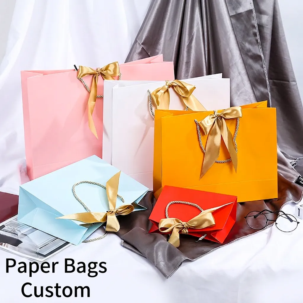 Sacs Cadeaux En Papier Avec Nœud En Ruban Et Poignées Emballage Coloré Pour Bijoux Vêtements Mariage Fête Shopping