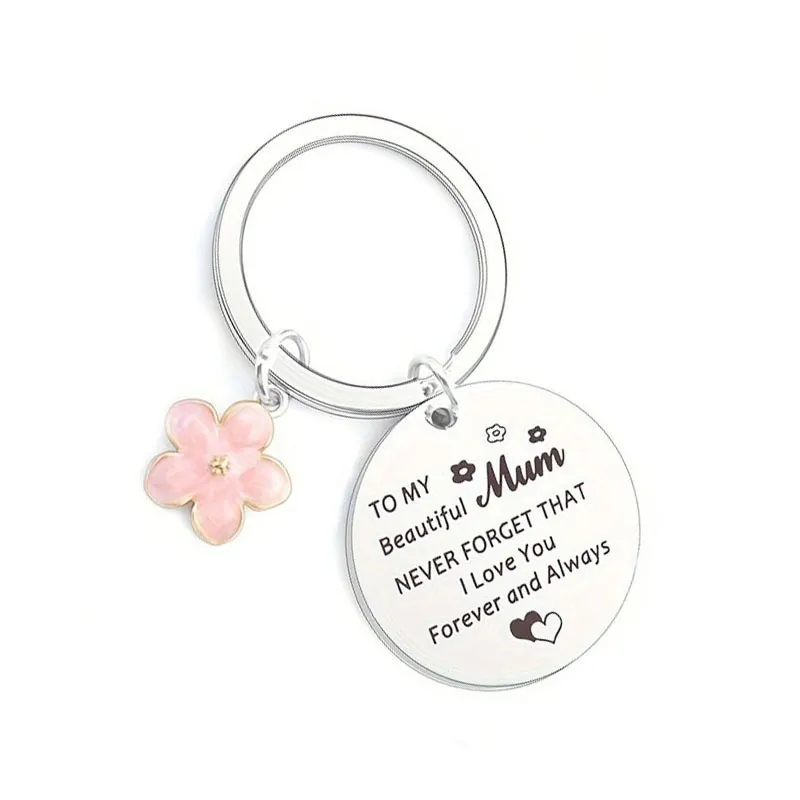 Stainless Steel Engraved Keychain Round Tag Pendant With Pink Enamel Flower Charm Gift For Mom Aunt