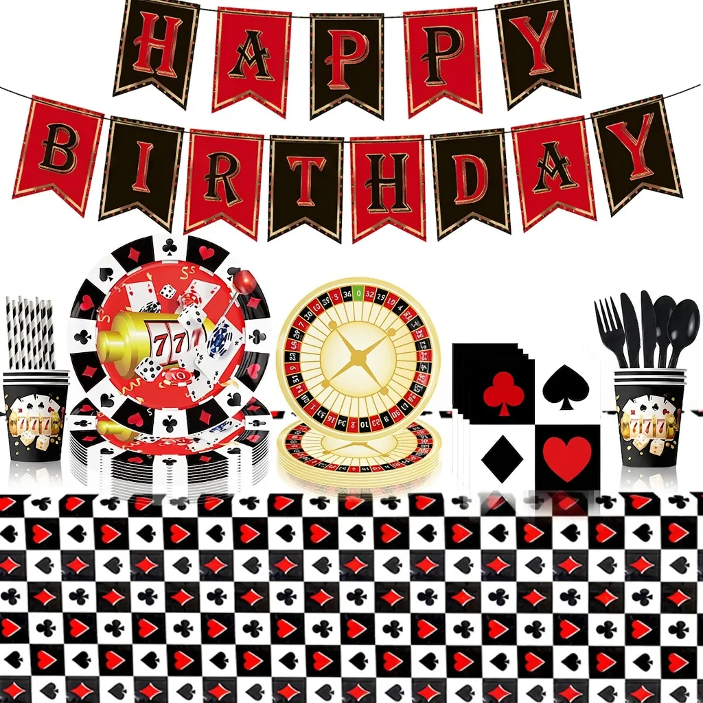 Paper Plastic Casino Theme Birthday Party Supplies Plates Cups Napkins Tablecloth Banner Roulette Poker Night Decorations