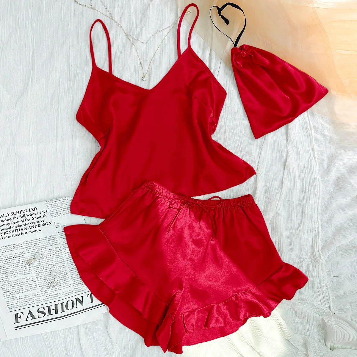 Women Satin V Neck Cami Top Ruffle Shorts Drawstring Bag Sleepwear Home Wear