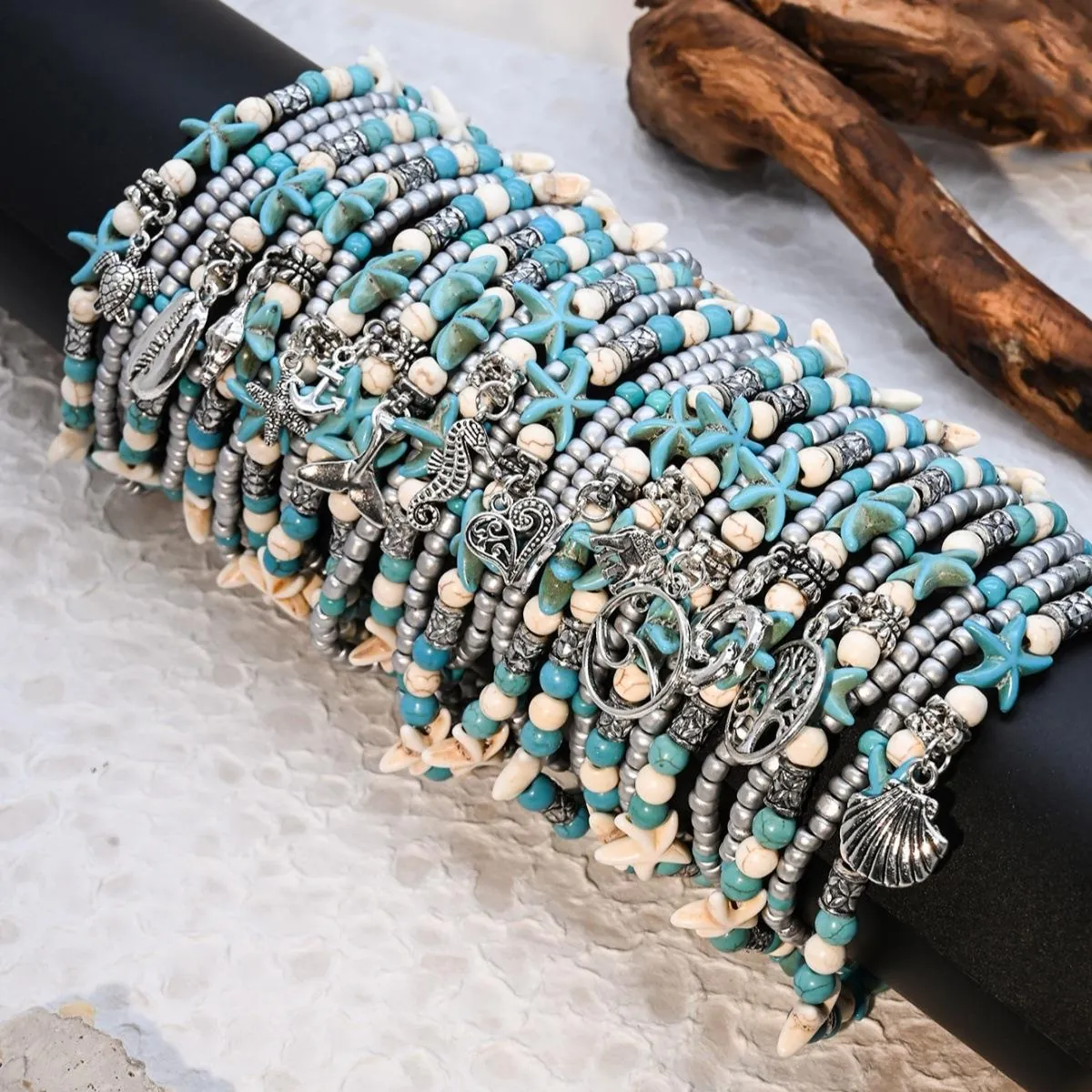 Bohemian Multilayered Anklets Alloy Turquoise Beads Shell Ocean Charms Summer Beach Vacation Style For Women