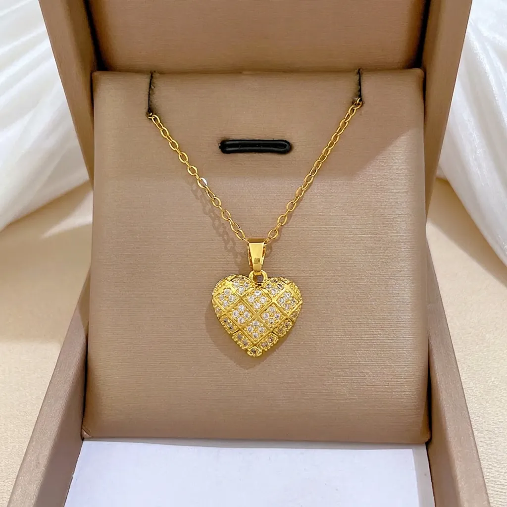 Collana Ciondolo Cuore Placcato Oro Catena Acciaio Titanio Rame Micro Incassato Zirconia Trama Griglia Donna Gioielli Eleganti