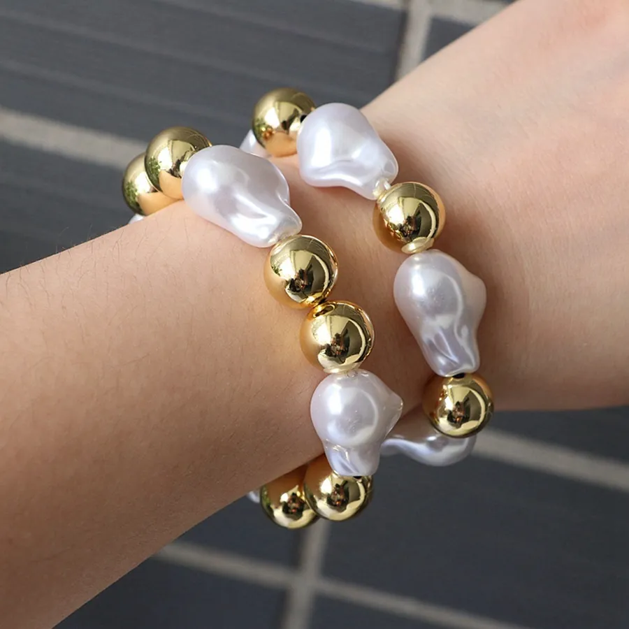Beaded Bracelet Artificial Baroque Pearl Gold Plated Copper Beads Adjustable Elegant French Vintage Jewelry For Women