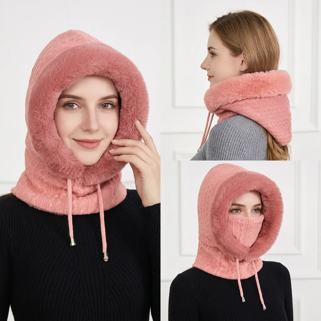 Winter Geïntegreerde Capuchon Sjaal Hoed Gebreid Polyester Nepbont Trim Dik Thermisch Winddicht Geichtsmasker Dames