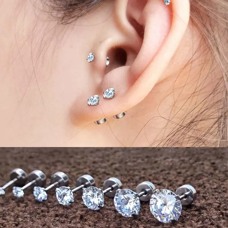 Minimalist Round Zircon Stud Earrings With 316L Stainless Steel Flat Screw Back Piercing Jewelry For Women Men
