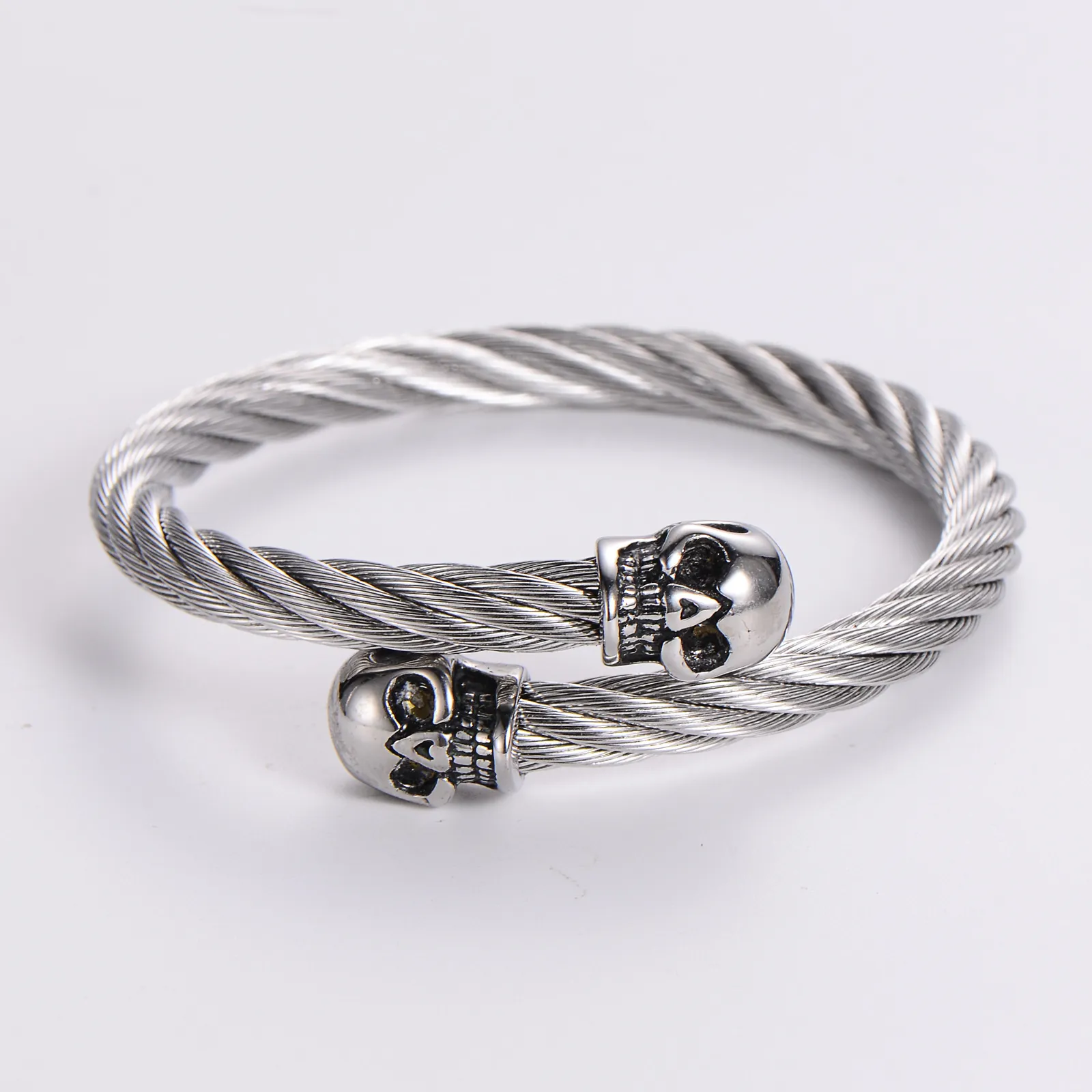 Stainless Steel Wire Cable Bracelet With Double Skull Heads Twisted Open Cuff Punk Gothic Jewelry For Men