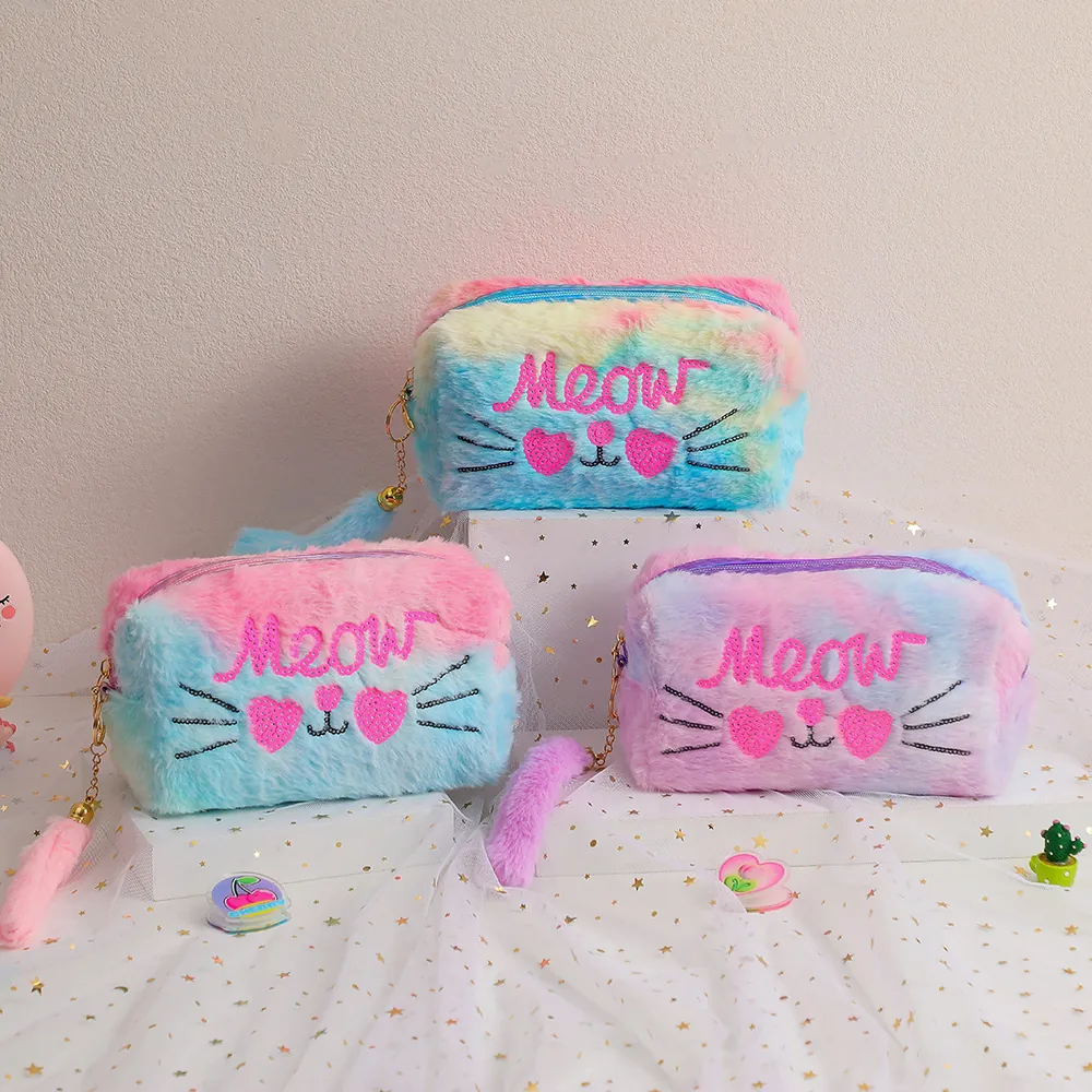 Astuccio In Peluche Simpatico Gatto Meow Ricamo Paillettes Sfumatura Arcobaleno Grande Capacità Borsa Cosmetica Studenti Ragazze