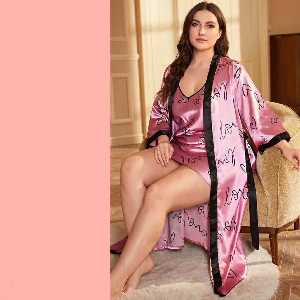 Plus Size Women Imitation Satin Satin Nightdress And Robe Love Heart Print Contrast Trim Loungewear