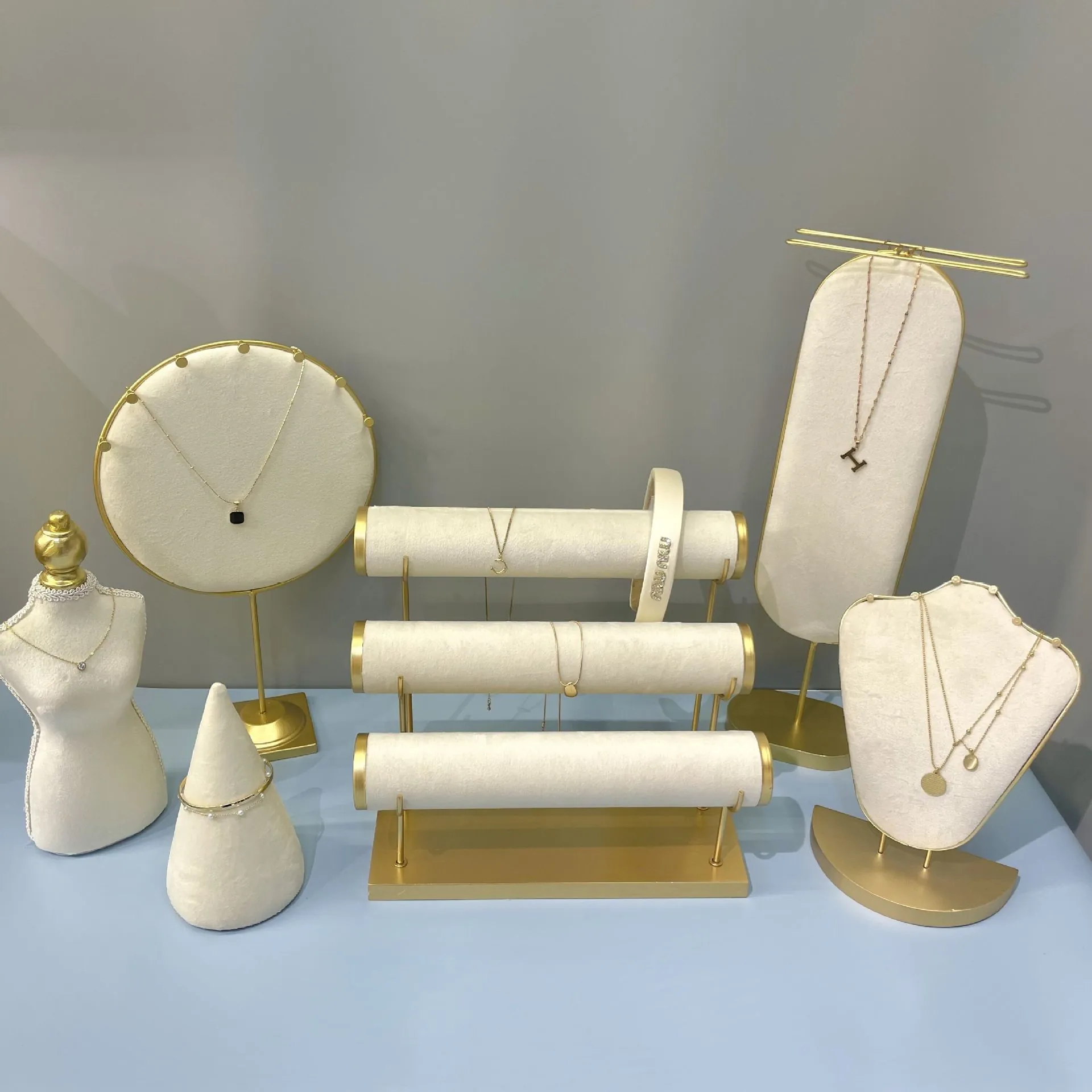 Jewelry Display Stand Gold Metal Frame Beige Velvet Necklace Bracelet Ring Holder Mannequin Bust Showcase Organizer