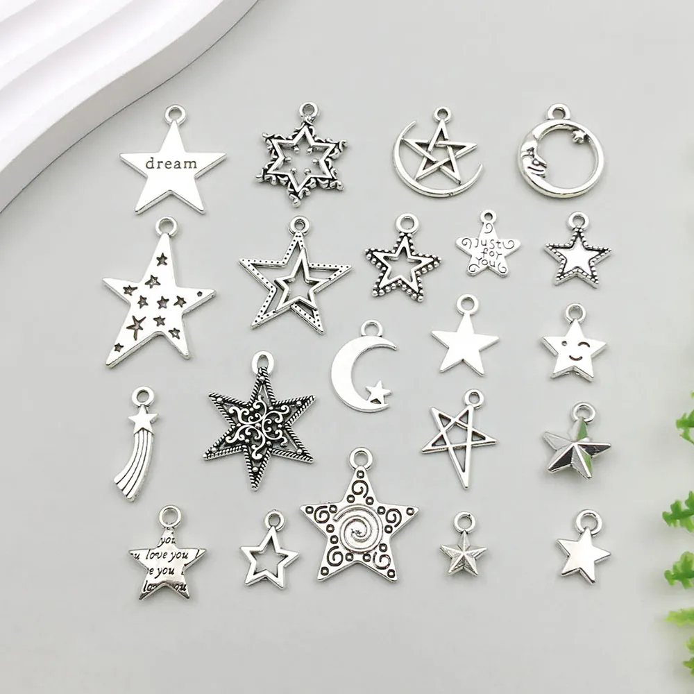 Star Moon Charms Antique Silver Zinc Alloy Hollow Pentagram Pendants For DIY Necklace Bracelet Jewelry Making Accessories