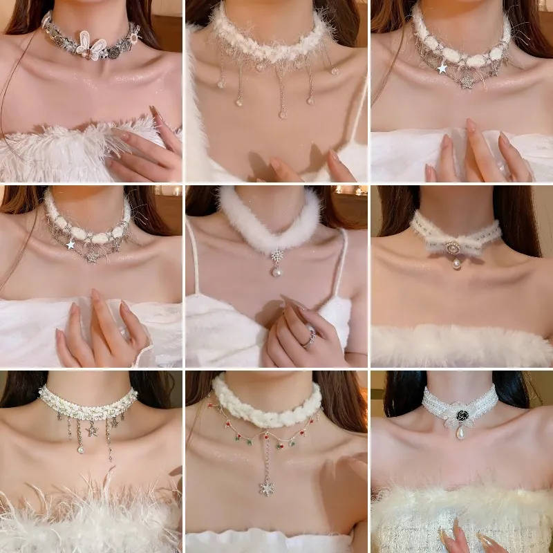 Collier Choker En Fausse Fourrure D'Hiver Avec Pendentif Flocon De Neige Zircon Künstliche Perle Élégant Bijoux De Fête De Noël Pour Femmes