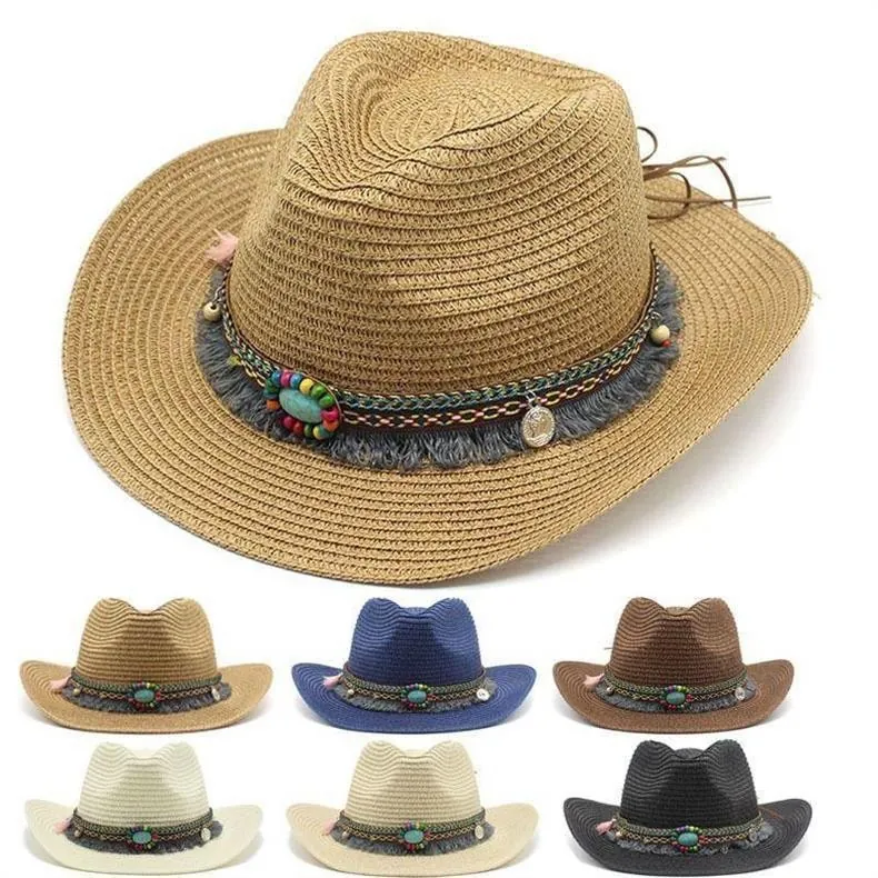 Western Cowboy Straw Hat Wide Brim Sun Protection Ethnic Beads Turquoise Tassel Outdoor Beach Sunshade Adjustable