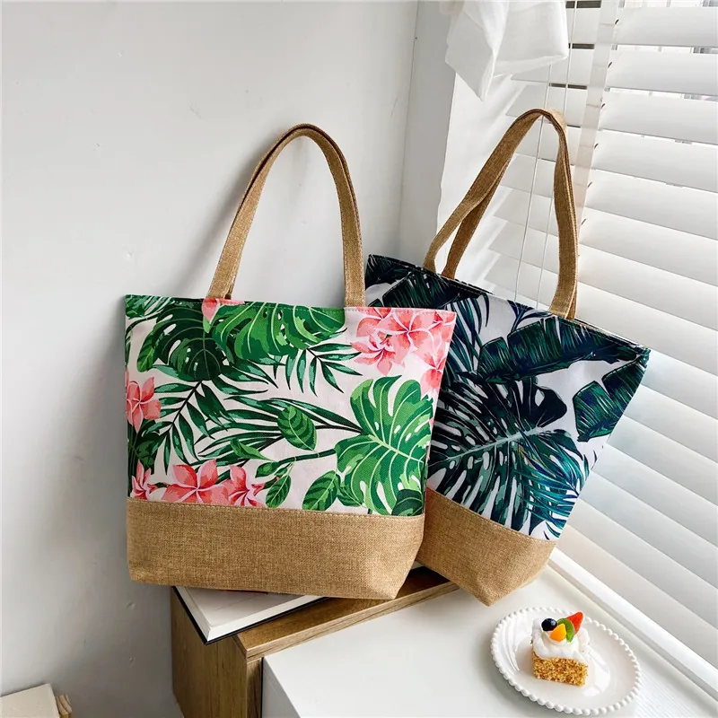 Large Capacity Tote Bag Tropical Floral Ocean Print Canvas Jute Stitching Casual Shoulder Beach Shopping Handbag Women
