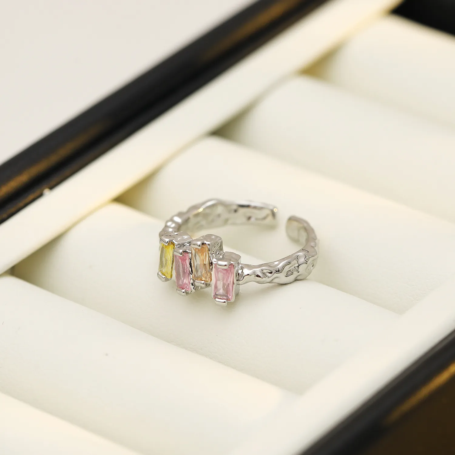 Retro Copper Adjustable Open Ring Silver Plated Hammered Texture With Colorful Rectangle Zirconia Sweet Cool Finger Jewelry