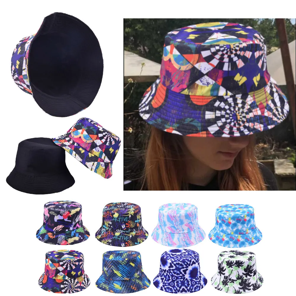 Bob Réversible Coton Lavé Imprimé Graffiti Protection Solaire Streetwear Chapeau De Pêcheur Pour Hommes Femmes