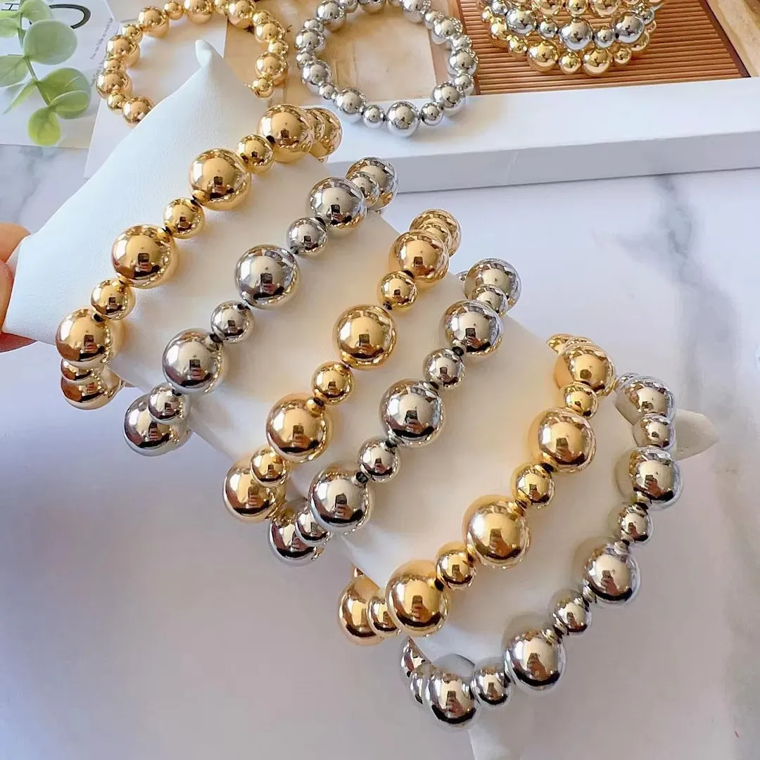 Beaded Bracelet Plated Copper Elastic Alternating Round Ball Simple Fashionable Jewelry For Women And Men