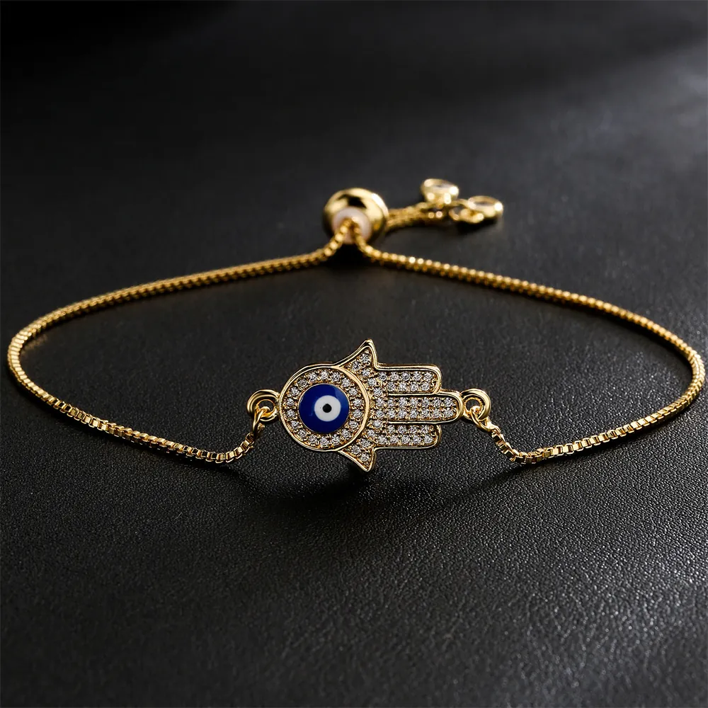 Hamsa Hand Evil Eye Bracelet Copper Micro Pave Zircon Adjustable Box Chain Sliding Buckle Jewelry For Women
