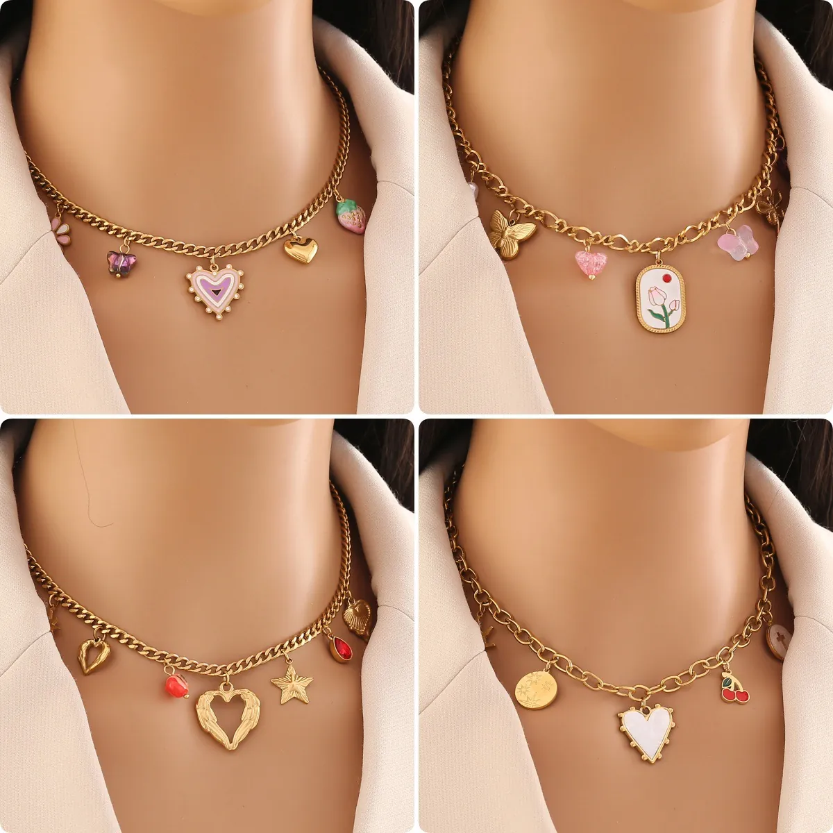 Collana Con Pendente Cuore Farfalla In Acciaio Inossidabile Vintage Placcata Oro Smalto Gioielli Dolce Per Donne
