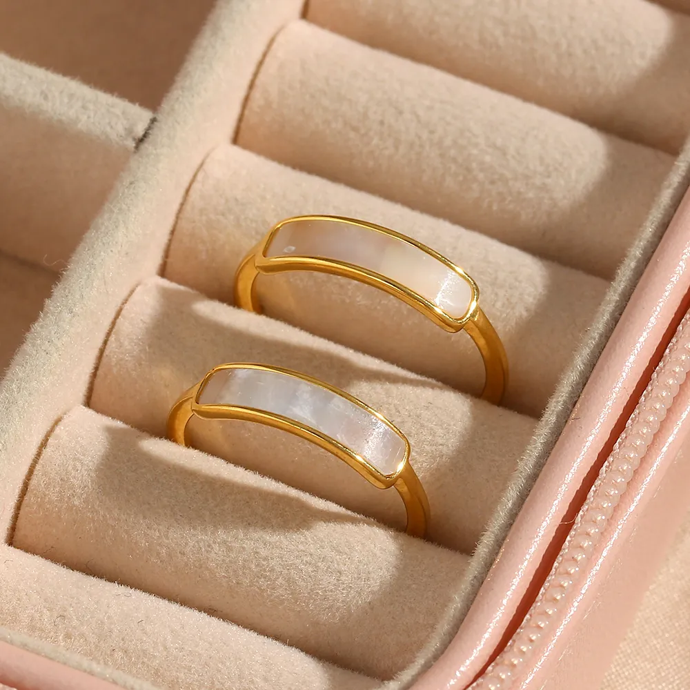 Rectangular Mother Of Artificial Pearl Inlay Stainless Steel Ring 18K Gold Plated Minimalist Geometric Ins Style Fashion For Women