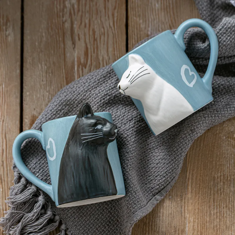 Matte Ceramic Mug 3D Relief Cat Design Heart Pattern Cute Gift For Couples Valentine Day Blue With Spoon