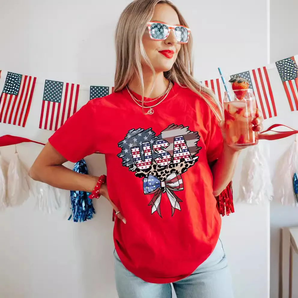 T-Shirt Jour De L'Indépendance Homme Coton Col Rond Manches Courtes Cœur USA Étoiles Rayures Imprimé Léopard Été