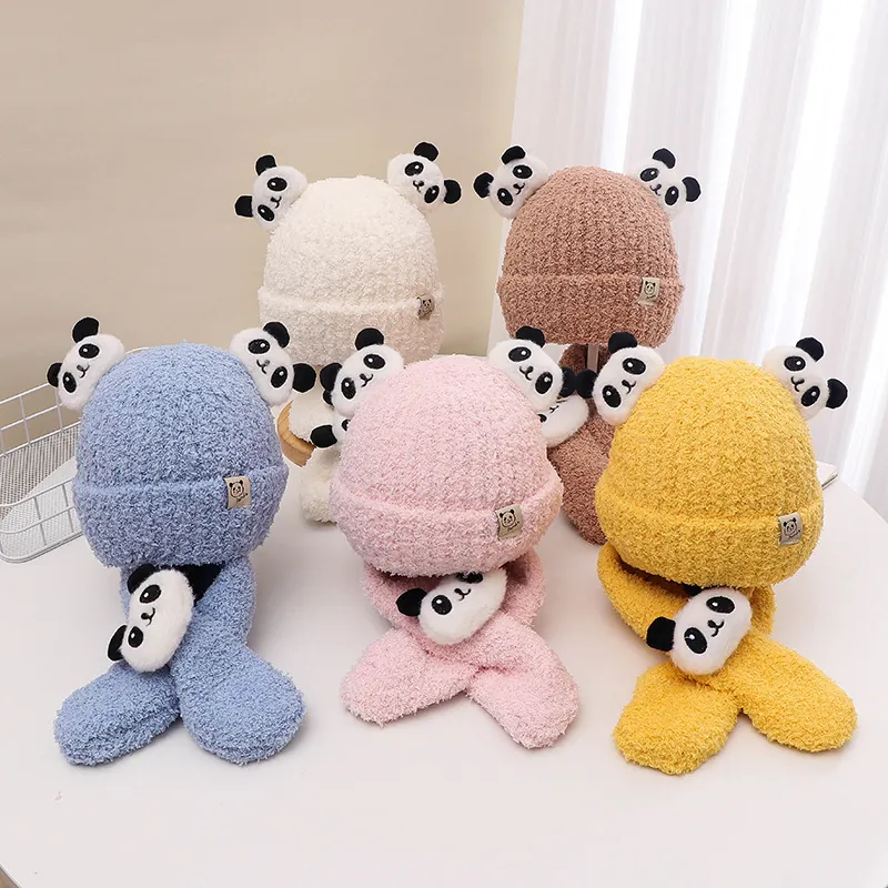 Set Cappello e Sciarpa Panda Invernale per Neonati in Morbido Filato di Lana Peluche Caldo Berretto in Maglia Scaldacollo per Bambini