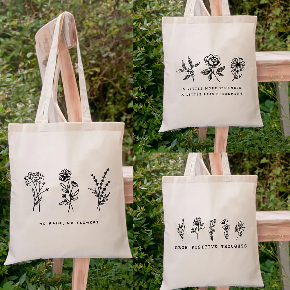 Canvas Tote Bag Women Aesthetic Flower Botanical Print Large Capacity Shoulder Handbag Reusable Eco Friendly Shopping